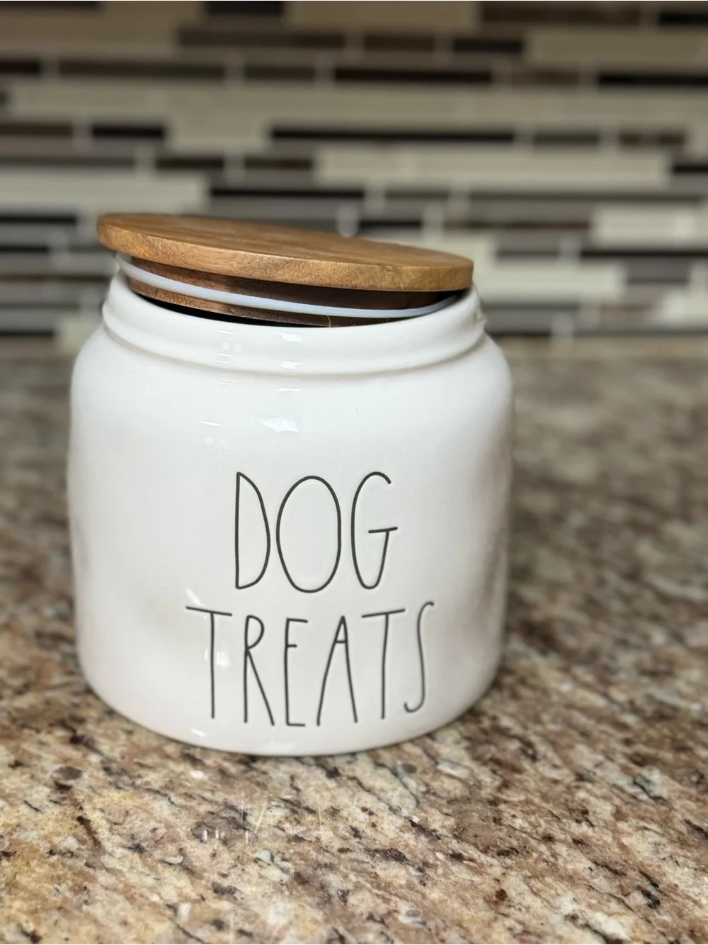 Rae Dunn White Ceramic Dog Treats Canister with Bamboo Lid